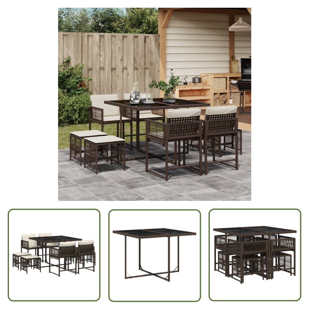 The Living Store 9-cz. zestaw mebli ogrodowych z poduszkami - brązowy - rattan PE - Meble Ogrodowe