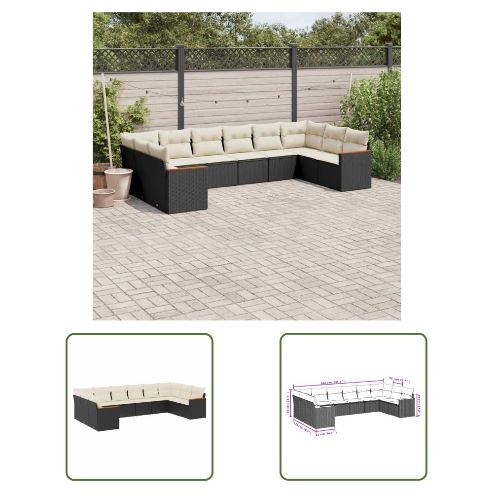 The Living Store 10-cz. zestaw wypoczynkowy do ogrodu - poduszki czarny rattan PE - Sofa Ogrodowa