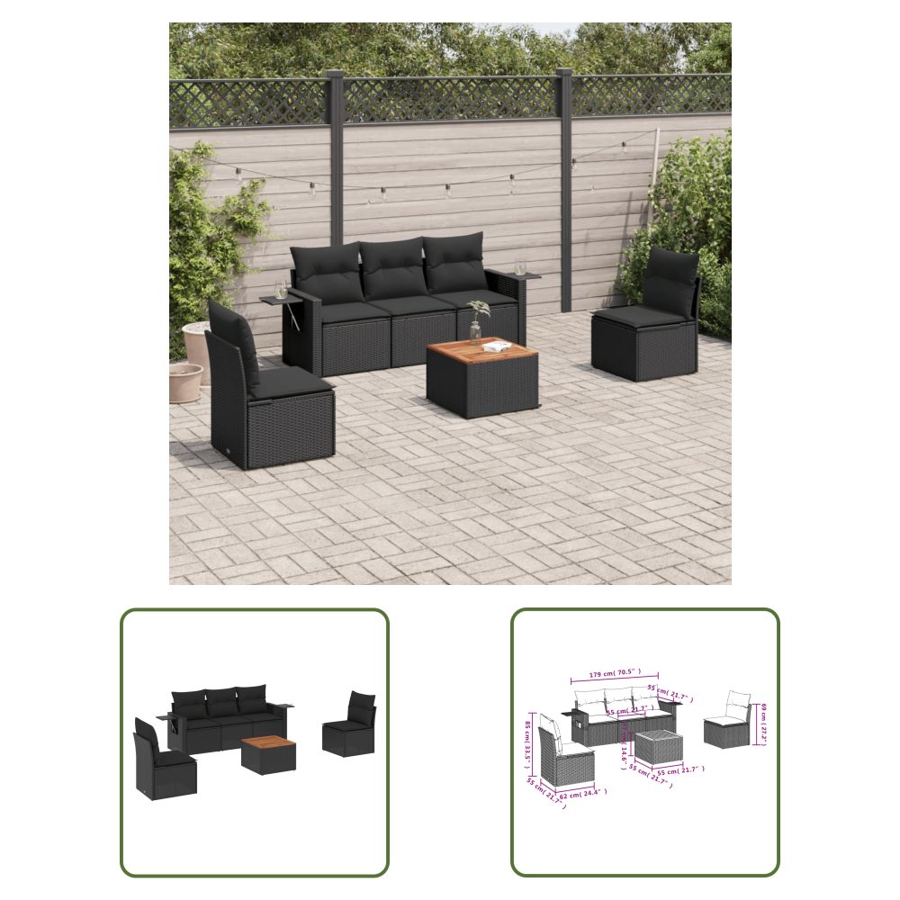 The Living Store 6-cz. zestaw mebli ogrodowych z poduszkami - czarny polirattan - Sofa Ogrodowa
