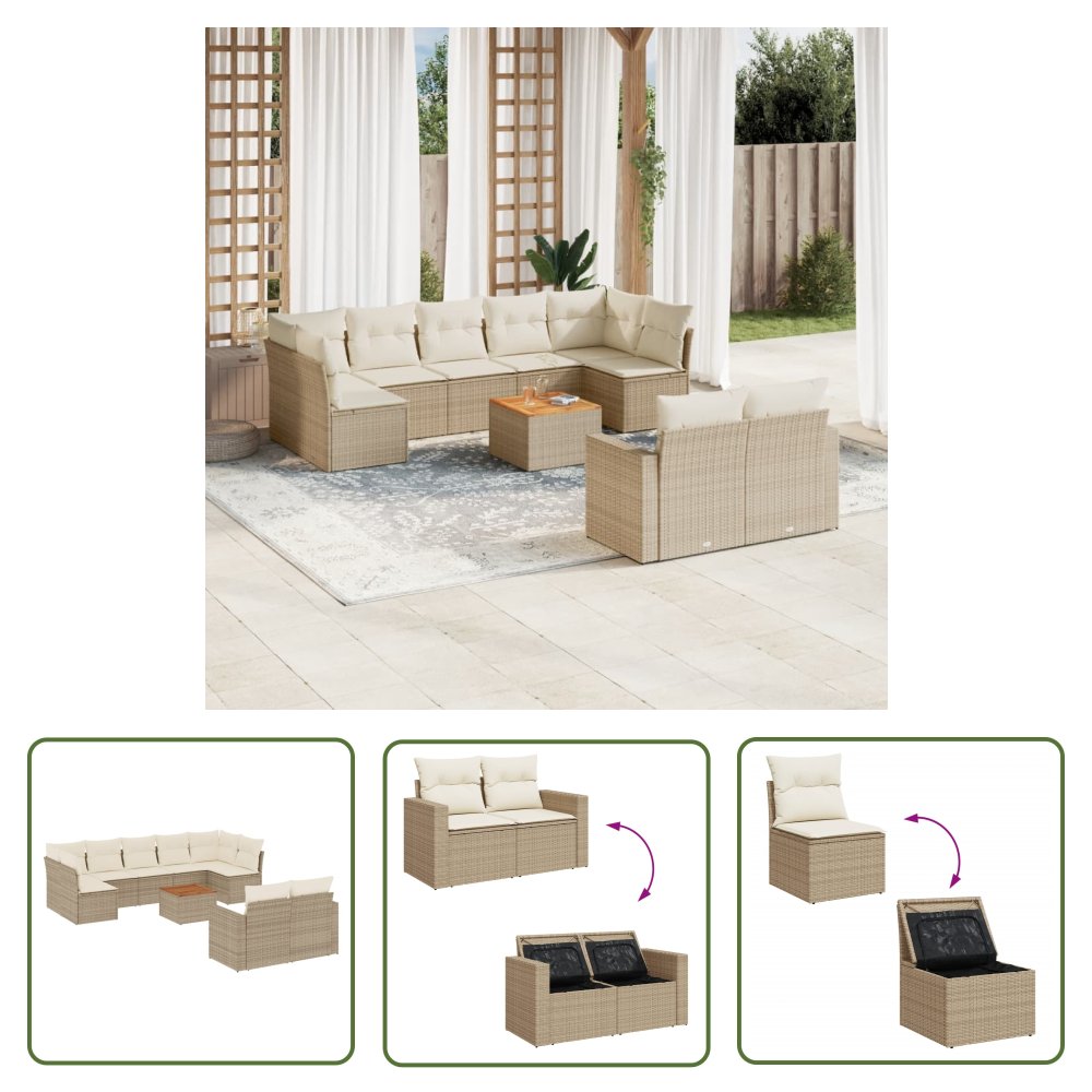 The Living Store 10-cz. zestaw mebli ogrodowych z poduszkami - beżowy - polirattan - Sofa Ogrodowa