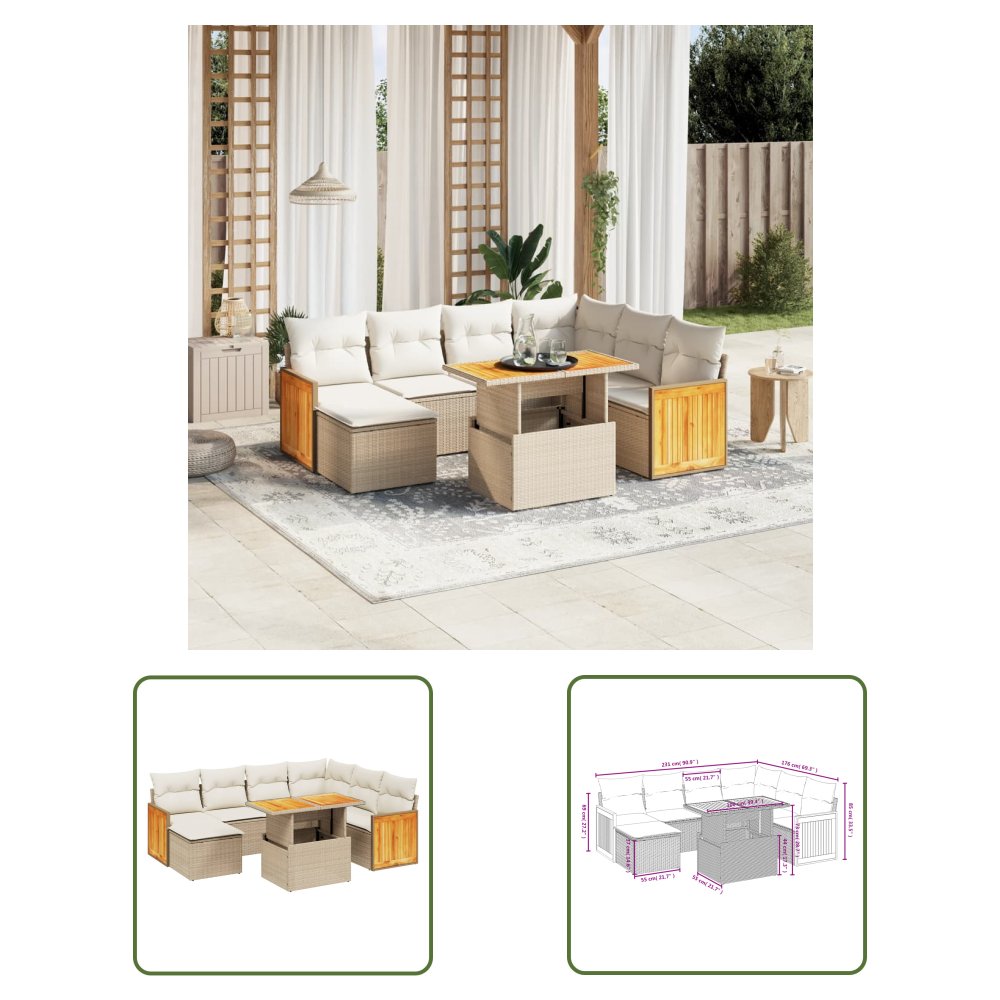 The Living Store 8-cz. zestaw mebli ogrodowych z poduszkami - beżowy - polirattan - Sofa Ogrodowa