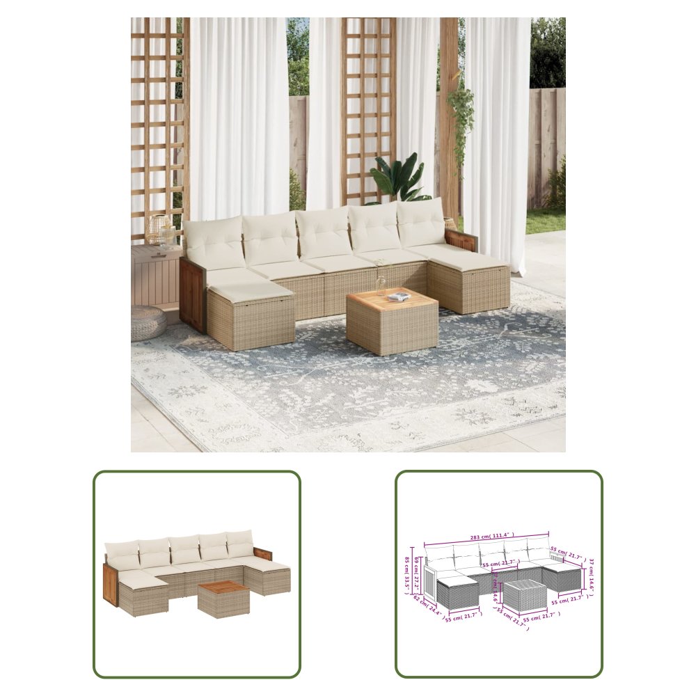 The Living Store 8-cz. zestaw mebli ogrodowych z poduszkami - beżowy - polirattan - Sofa Ogrodowa
