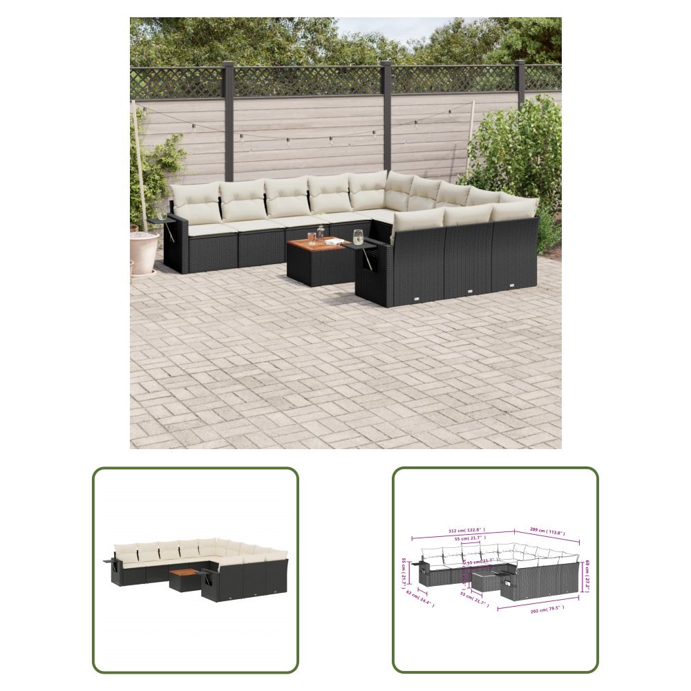 The Living Store 12-cz. zestaw mebli do ogrodu - z poduszkami - czarny - polirattan - Sofa Ogrodowa