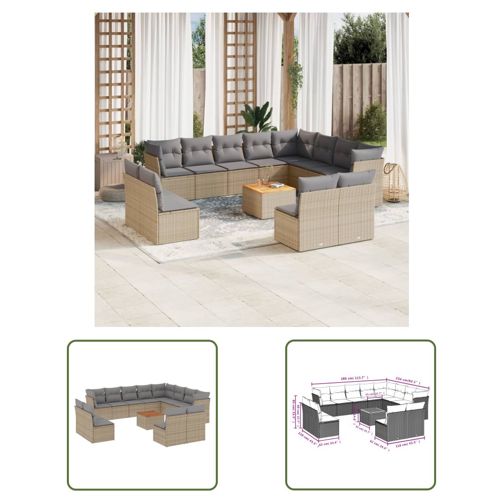 The Living Store 13-cz. zestaw mebli ogrodowych z poduszkami - beżowy - polirattan - Sofa Ogrodowa