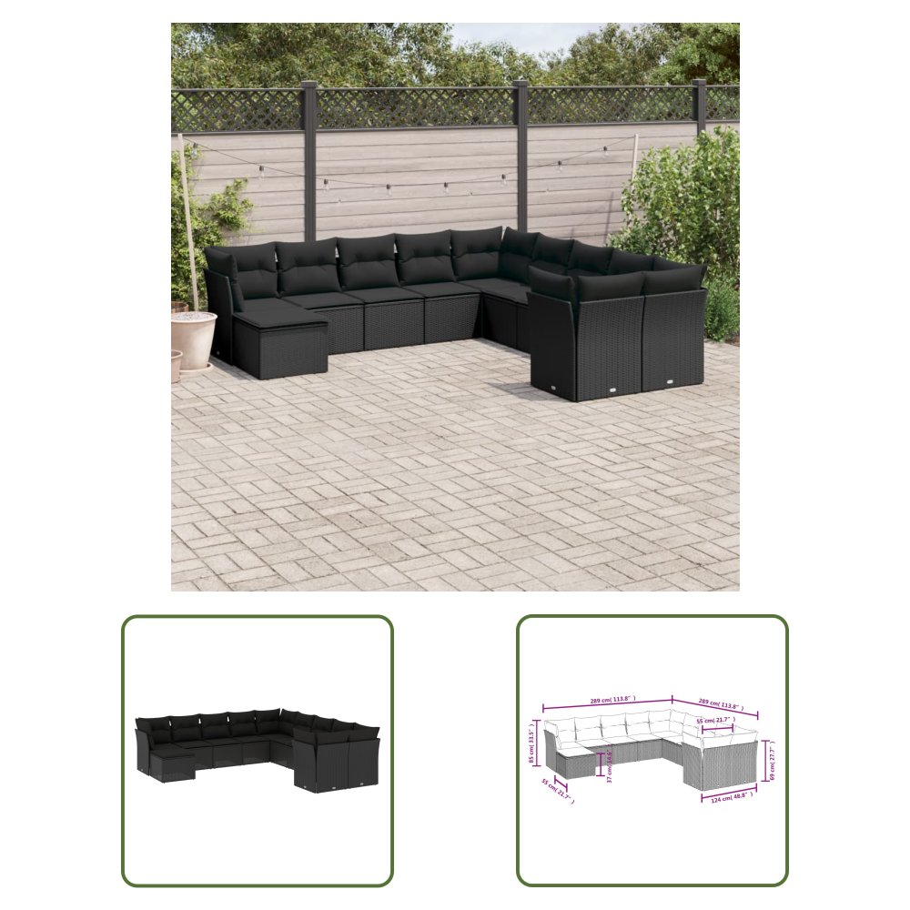 The Living Store 11-cz. zestaw wypoczynkowy do ogrodu - poduszki czarny rattan PE - Sofa Ogrodowa