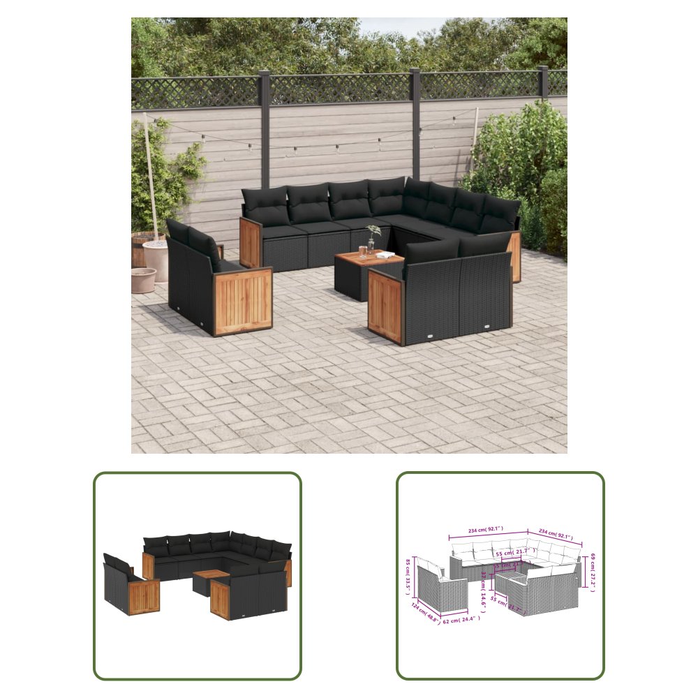 The Living Store 12-cz. zestaw mebli do ogrodu - z poduszkami - czarny - polirattan - Sofa Ogrodowa