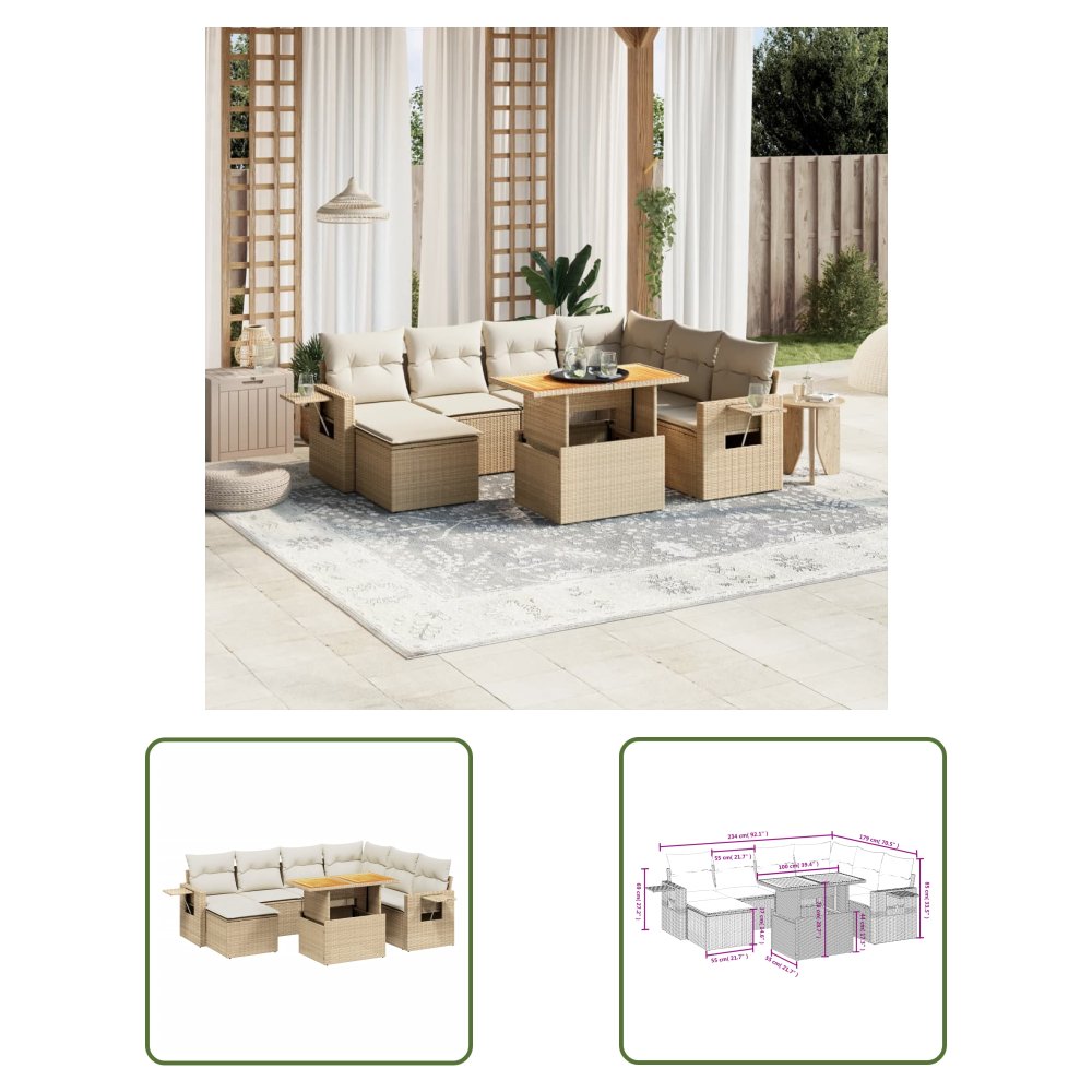 The Living Store 8-cz. zestaw mebli ogrodowych z poduszkami - beżowy - polirattan - Sofa Ogrodowa