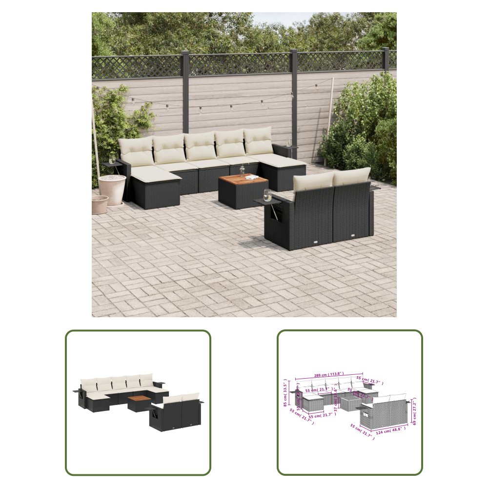 The Living Store 10-cz. zestaw wypoczynkowy do ogrodu - poduszki czarny rattan PE - Sofa Ogrodowa