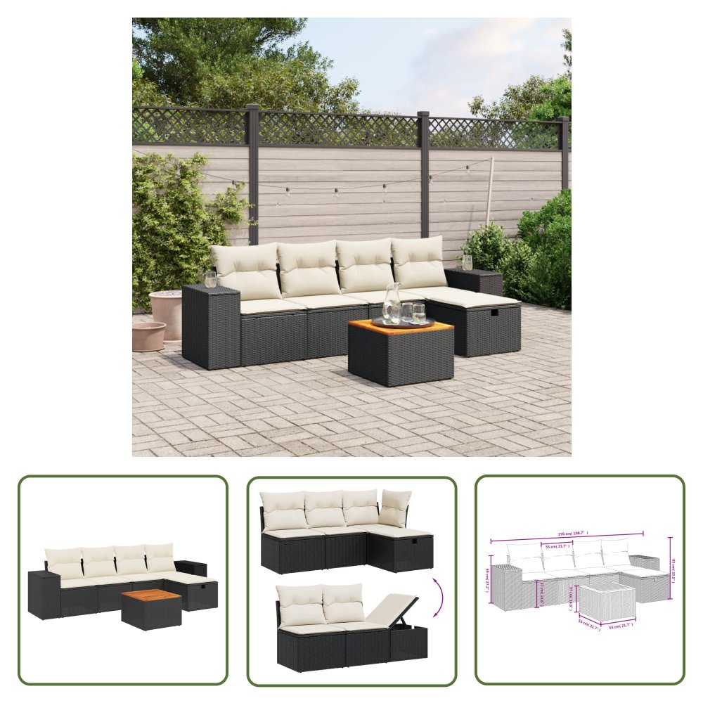 The Living Store 6-cz. zestaw mebli ogrodowych z poduszkami - czarny polirattan - Sofa Ogrodowa