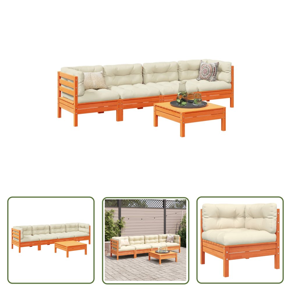 The Living Store 5-cz. zestaw mebli ogrodowych z poduszkami - woskowy brąz - sosna - Zestaw Wypoczynkowy Do Ogrodu