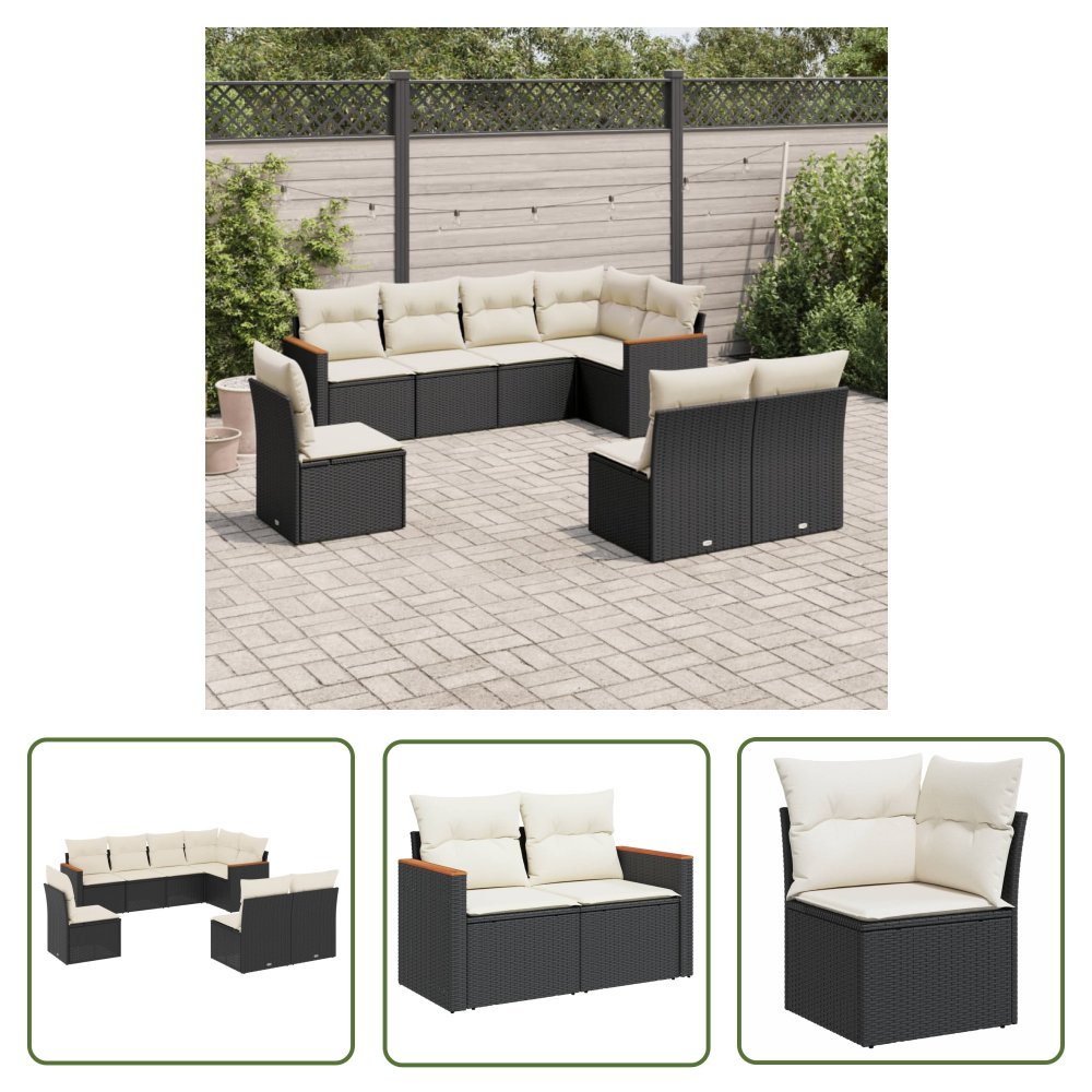 The Living Store 8-cz. zestaw wypoczynkowy do ogrodu - z poduszkami - czarny - Sofa Ogrodowa