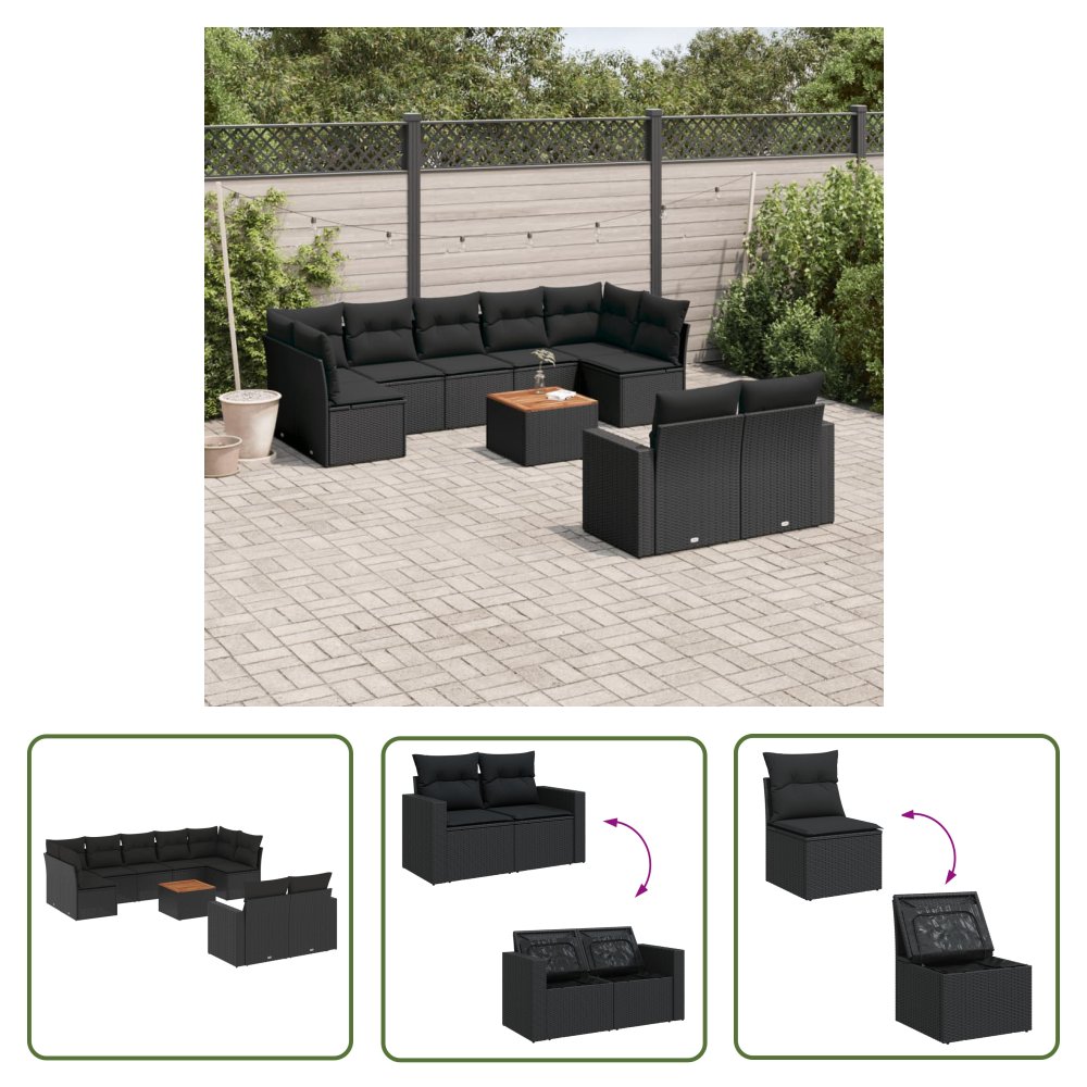 The Living Store 10-cz. zestaw wypoczynkowy do ogrodu - poduszki czarny rattan PE - Sofa Ogrodowa