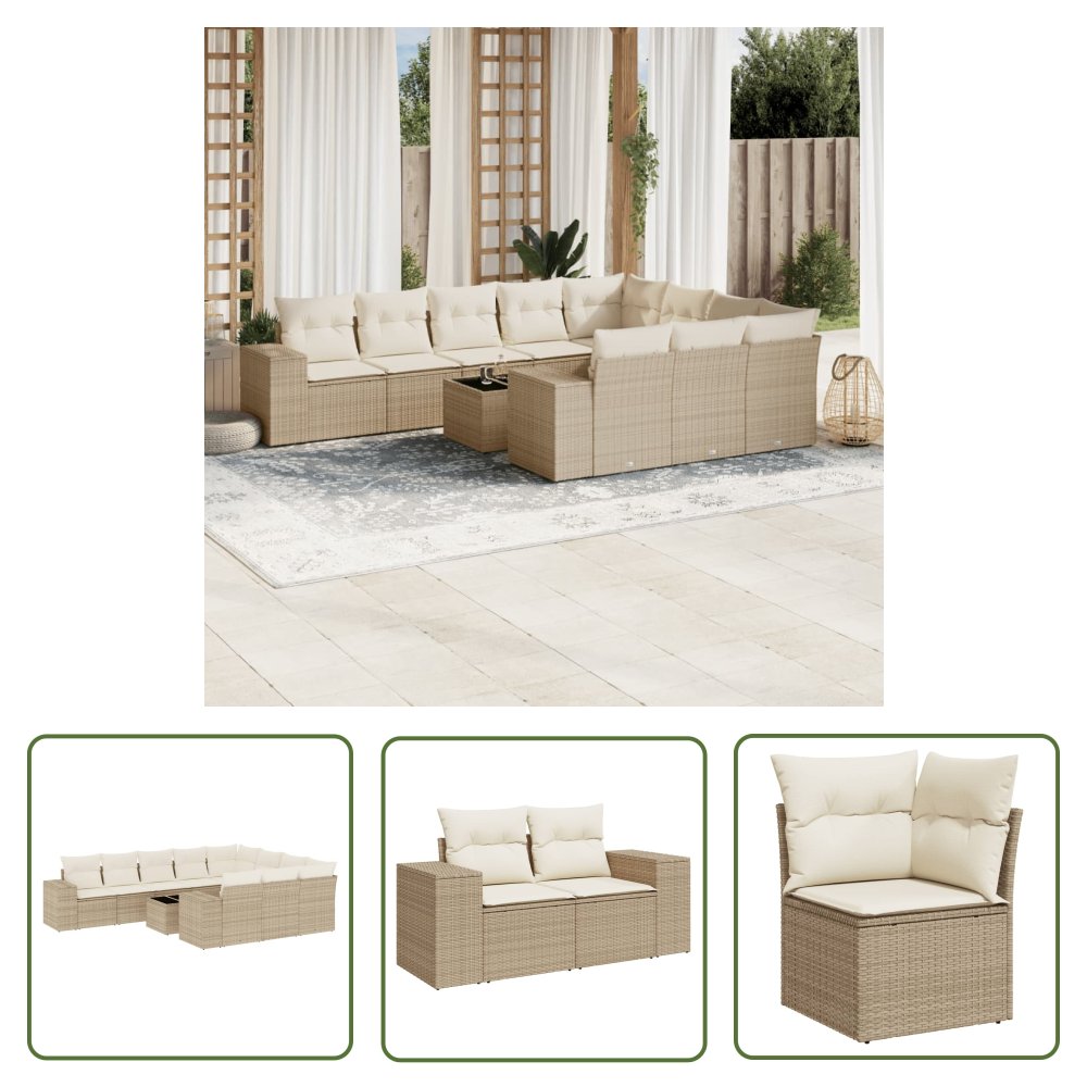 The Living Store 11-cz. zestaw mebli ogrodowych z poduszkami - beżowy - polirattan - Sofa Ogrodowa