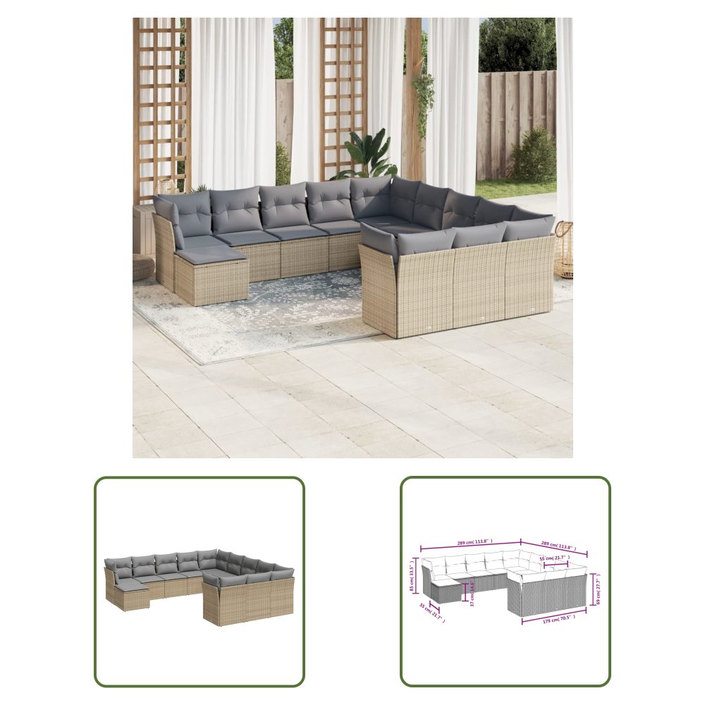 The Living Store 12-cz. zestaw mebli ogrodowych z poduszkami - beżowy - polirattan - Sofa Ogrodowa