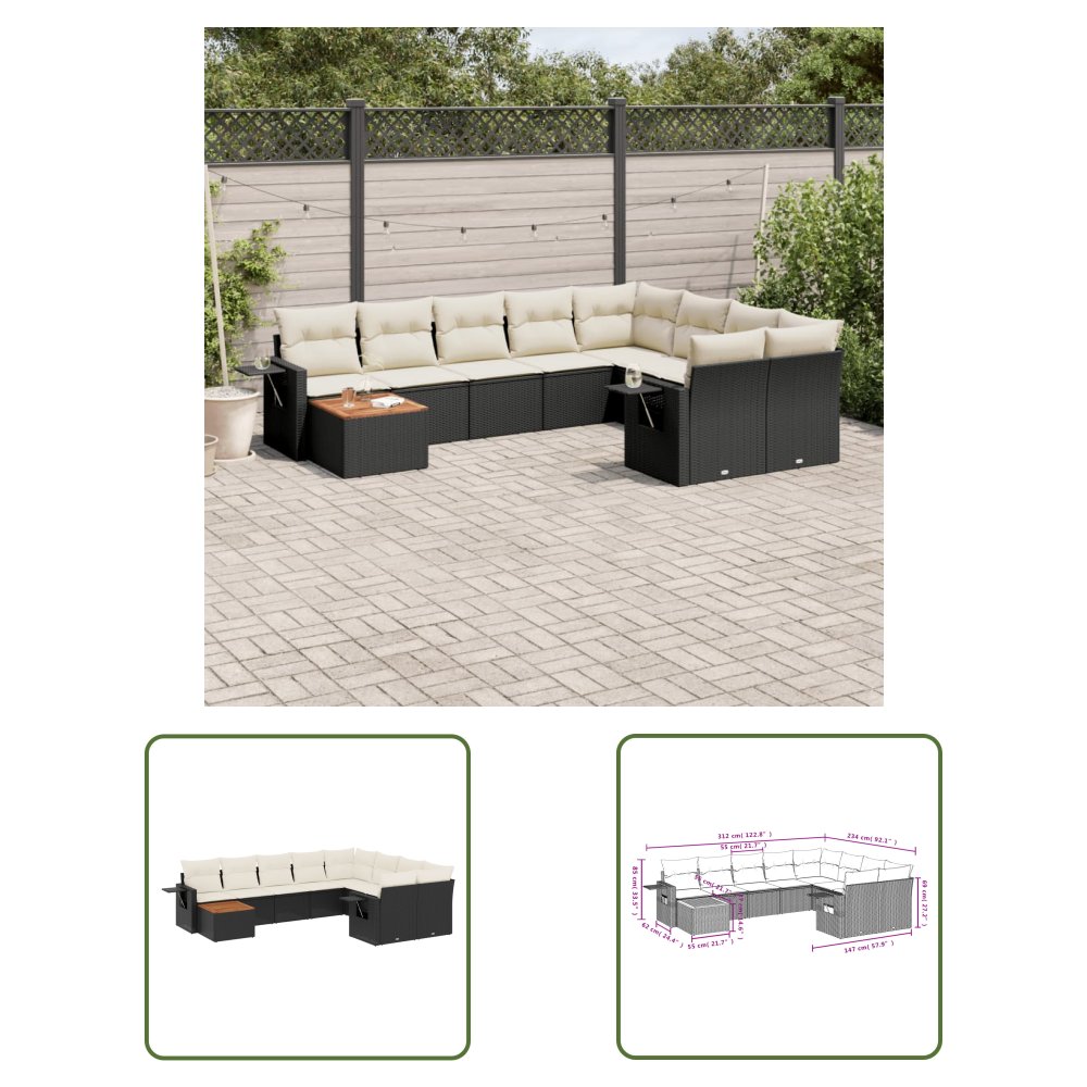 The Living Store 10-cz. zestaw wypoczynkowy do ogrodu - poduszki czarny rattan PE - Sofa Ogrodowa