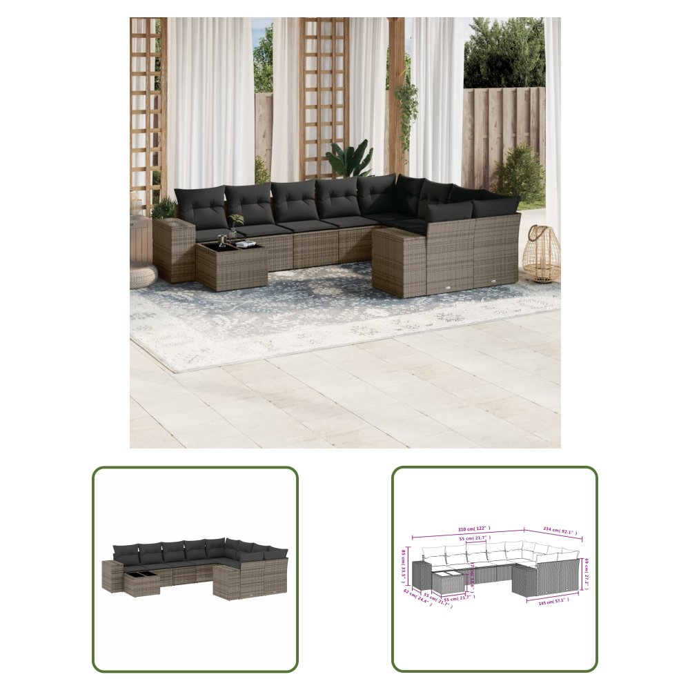 The Living Store 10-cz. zestaw wypoczynkowy do ogrodu - z poduszkami - szary - Sofa Ogrodowa