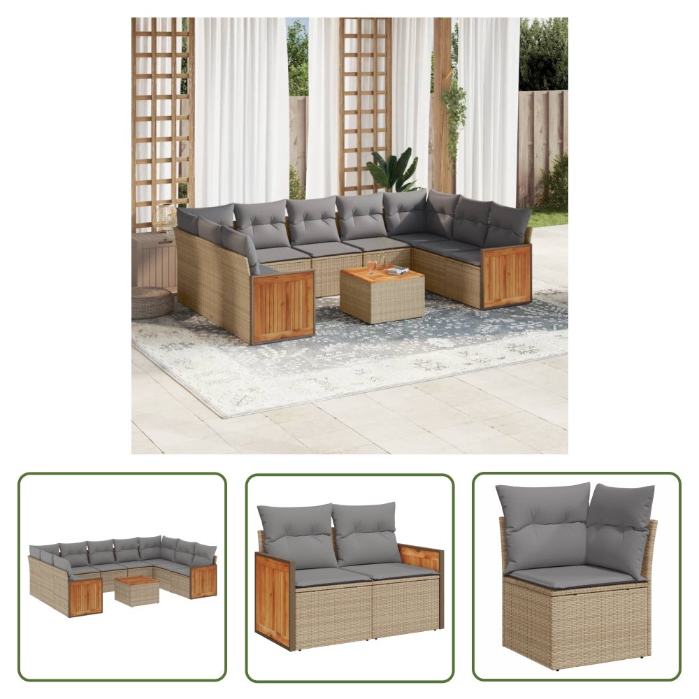 The Living Store 10-cz. zestaw mebli ogrodowych z poduszkami - beżowy - polirattan - Sofa Ogrodowa