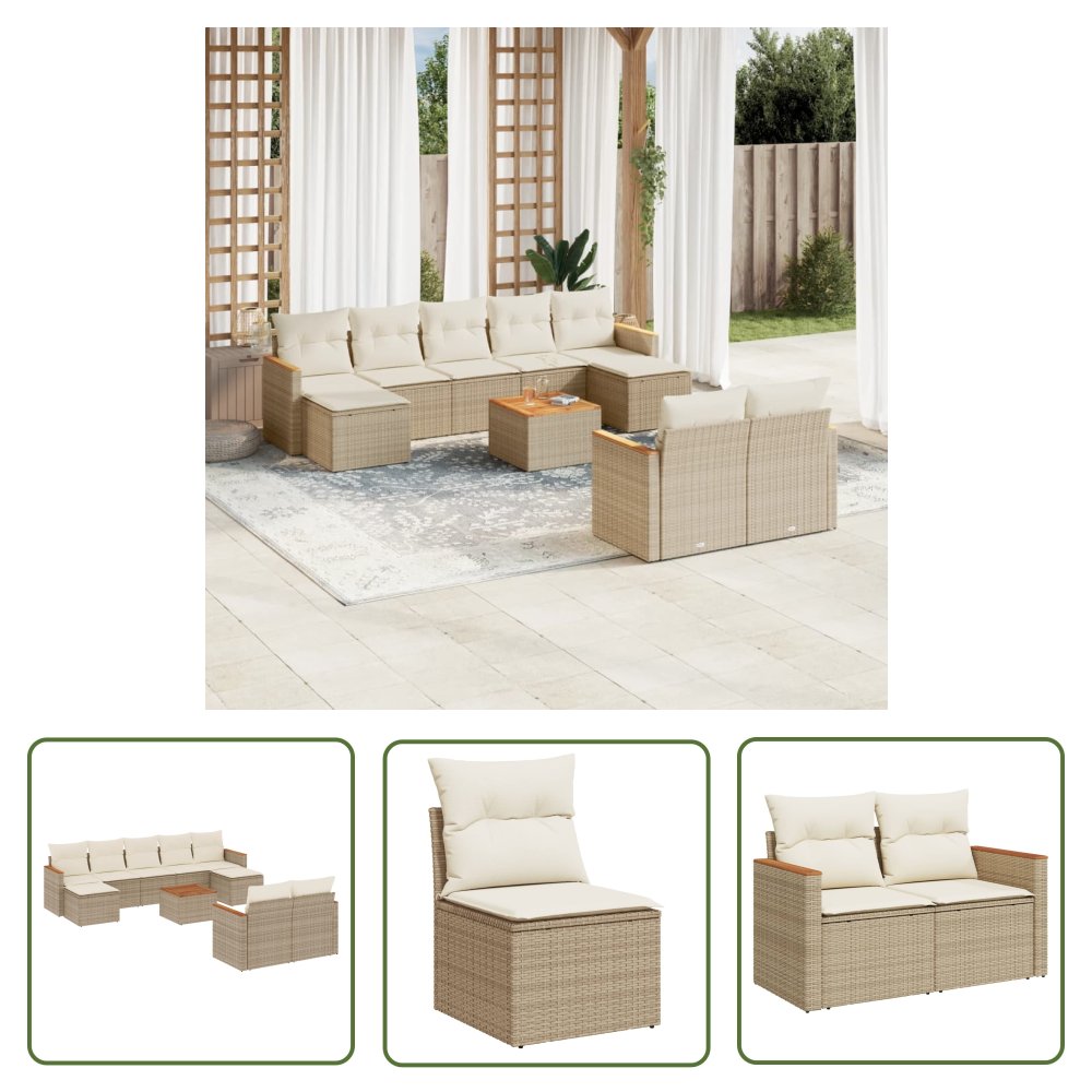 The Living Store 10-cz. zestaw mebli ogrodowych z poduszkami - beżowy - polirattan - Sofa Ogrodowa