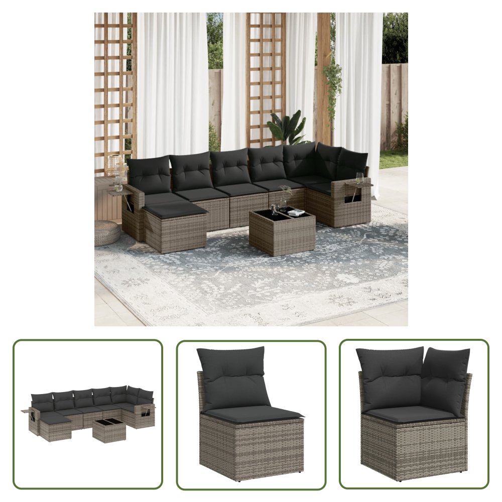 The Living Store 8-cz. zestaw mebli ogrodowych z poduszkami - szary - polirattan - Sofa Ogrodowa
