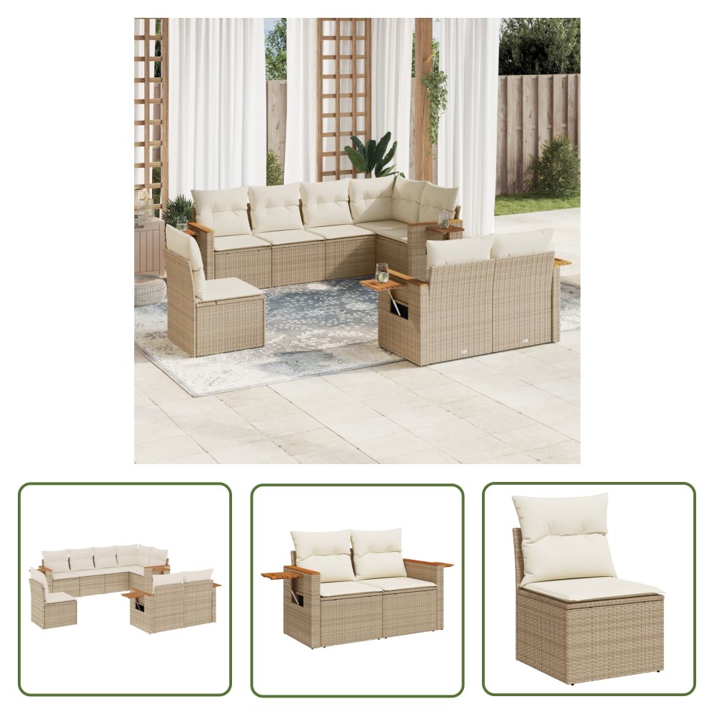 The Living Store 8-cz. zestaw mebli ogrodowych z poduszkami - beżowy - polirattan - Sofa Ogrodowa