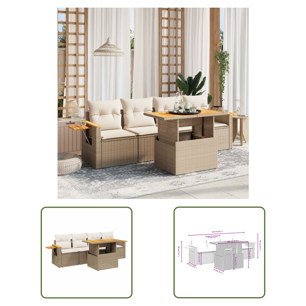 The Living Store 5-cz. zestaw mebli ogrodowych z poduszkami - beżowy - polirattan - Sofa Ogrodowa