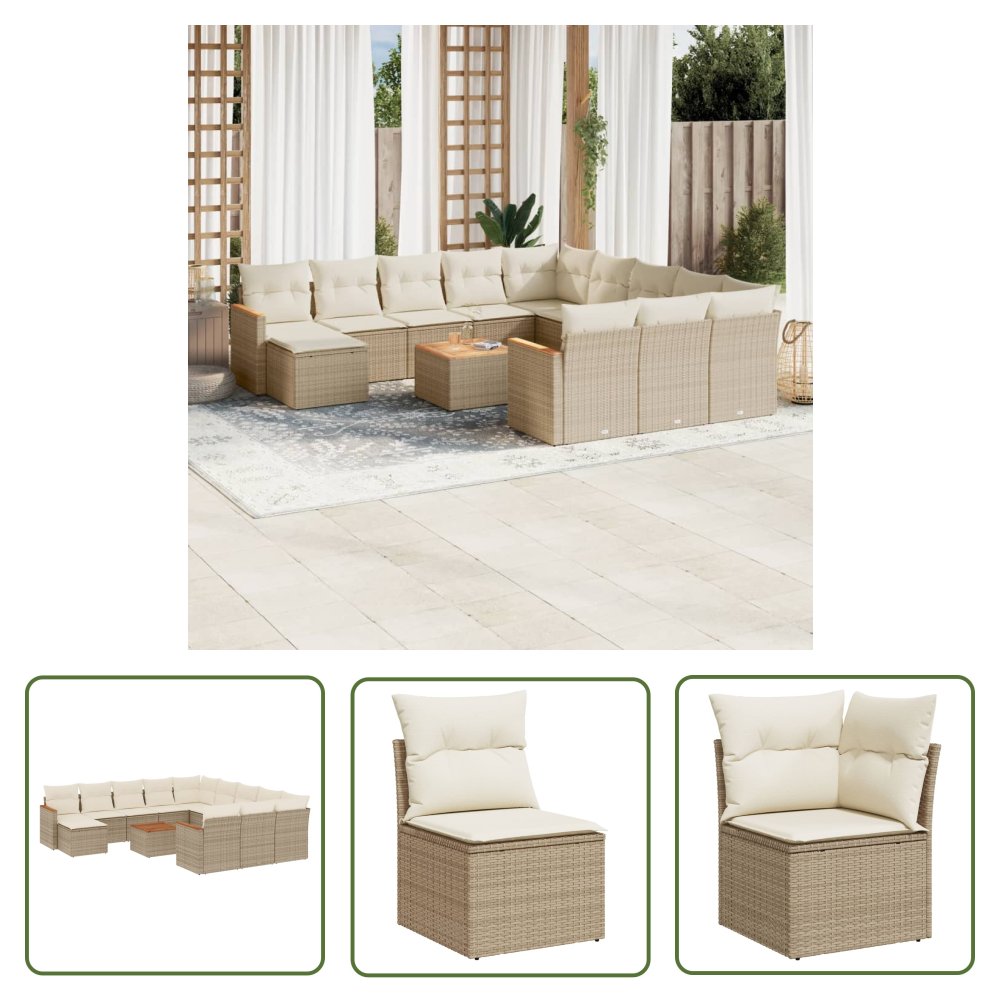 The Living Store 13-cz. zestaw mebli ogrodowych z poduszkami - beżowy - polirattan - Sofa Ogrodowa