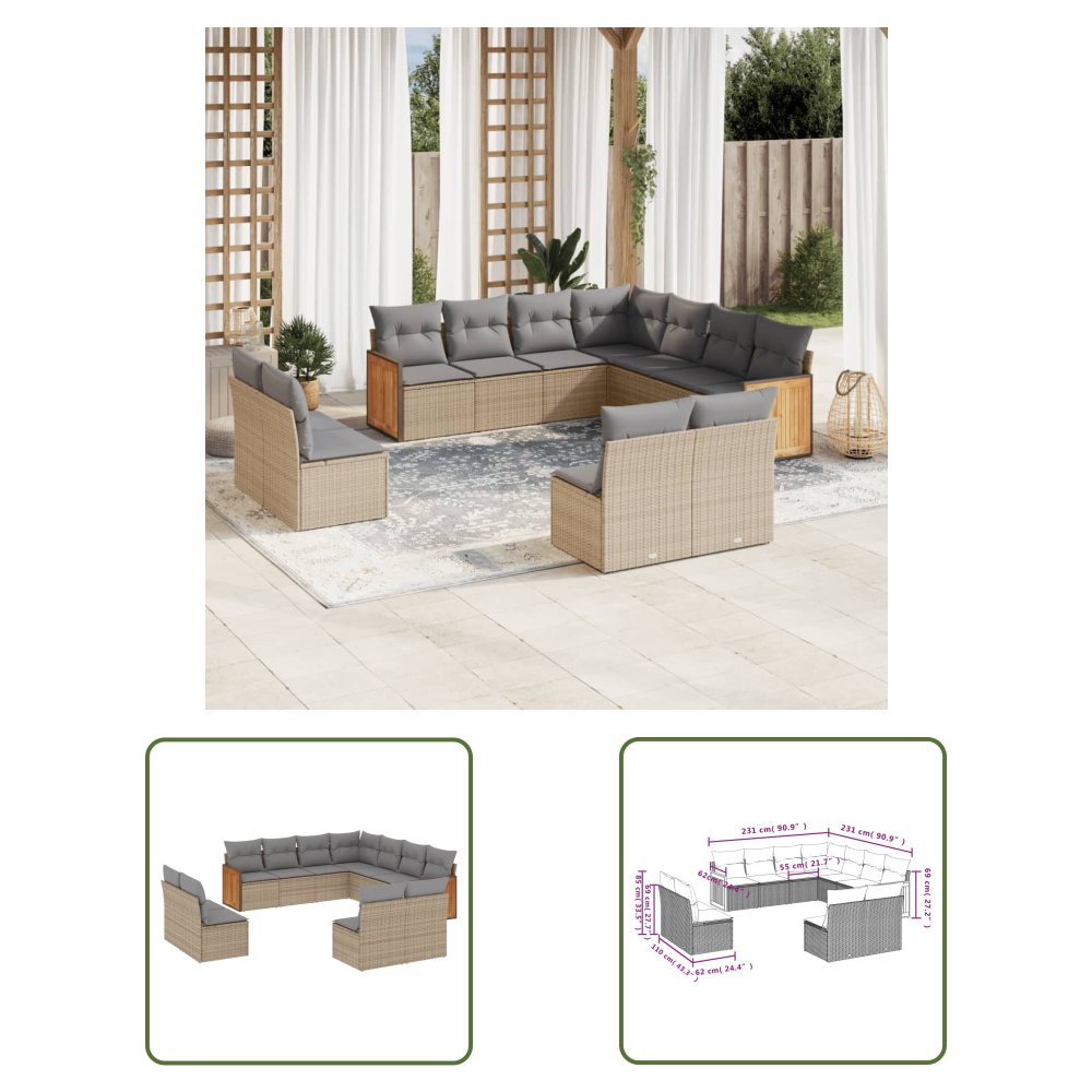 The Living Store 11-cz. zestaw mebli ogrodowych z poduszkami - beżowy - polirattan - Sofa Ogrodowa
