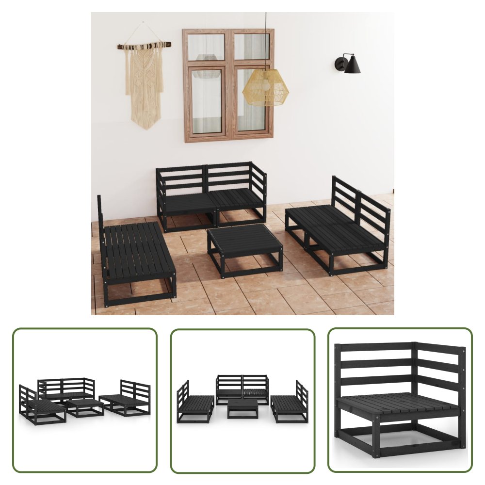 The Living Store 7-cz. zestaw mebli wypoczynkowych do ogrodu - czarny - sosnowy - Zestaw Mebli Ogrodowych