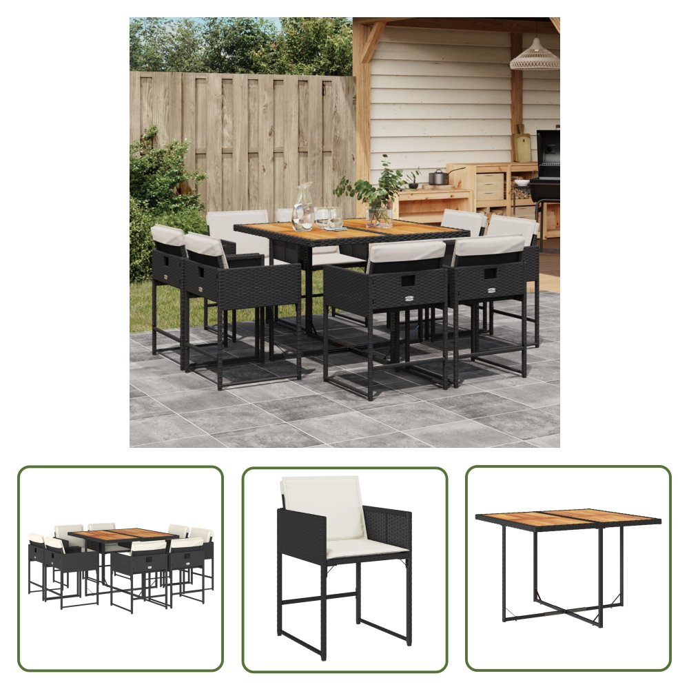 The Living Store 9-cz. zestaw mebli ogrodowych z poduszkami - czarny - rattan PE - Meble Ogrodowe