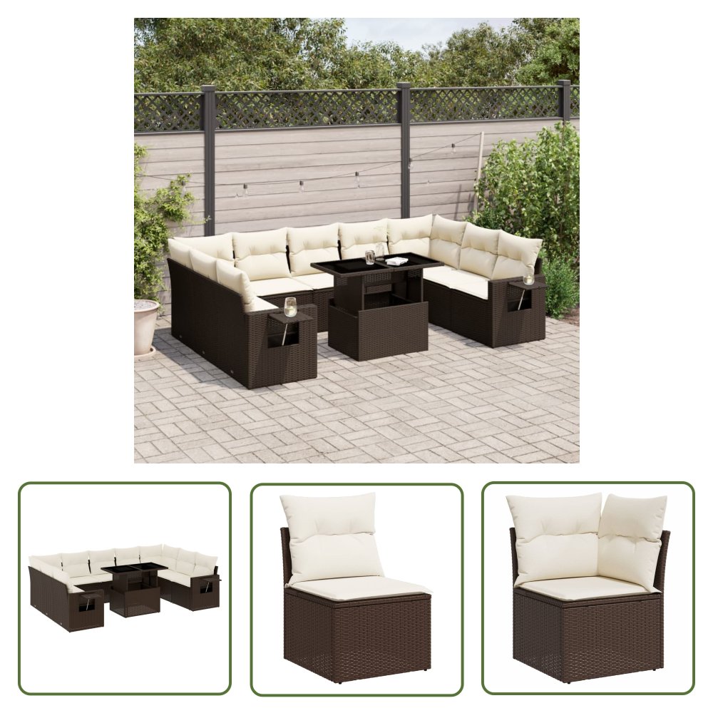 The Living Store 10-cz. zestaw mebli ogrodowych z poduszkami - brązowy polirattan - Sofa Ogrodowa