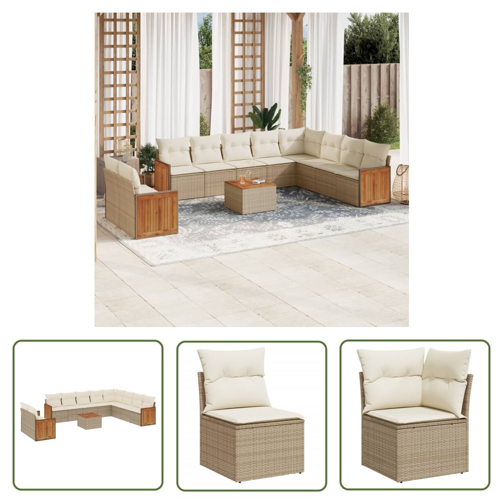 The Living Store 11-cz. zestaw mebli ogrodowych z poduszkami - beżowy - polirattan - Sofa Ogrodowa