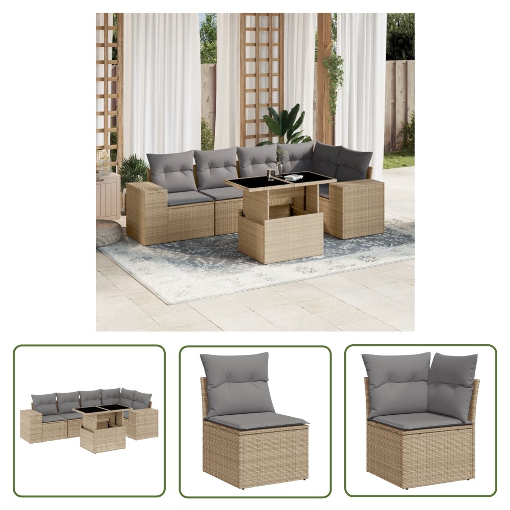 The Living Store 6-cz. zestaw mebli ogrodowych z poduszkami - beżowy - polirattan - Sofa Ogrodowa