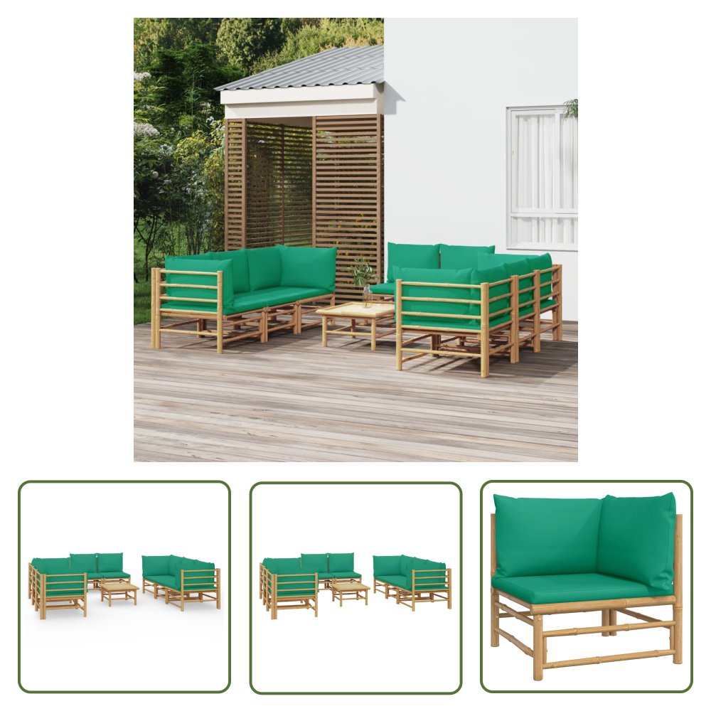 The Living Store 9-cz. zestaw mebli do ogrodu - zielone poduszki - bambusowy - Zestaw Wypoczynkowy Do Ogrodu