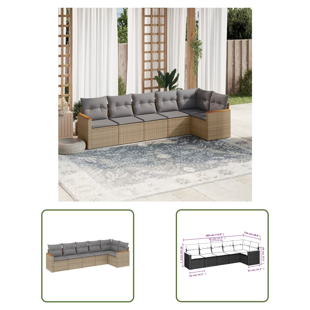 The Living Store 6-cz. zestaw mebli ogrodowych z poduszkami - beżowy - polirattan - Sofa Ogrodowa