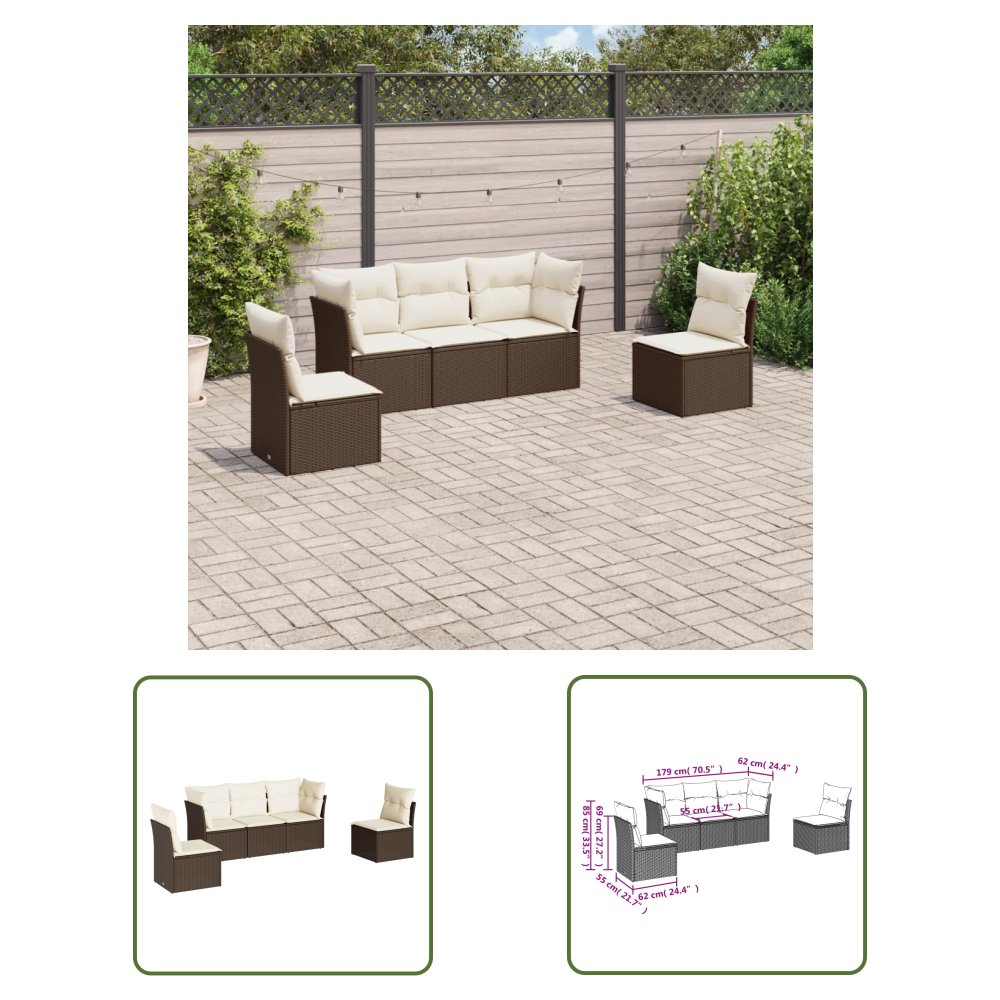 The Living Store 5-cz. zestaw mebli ogrodowych z poduszkami - brązowy - polirattan - Sofa Ogrodowa