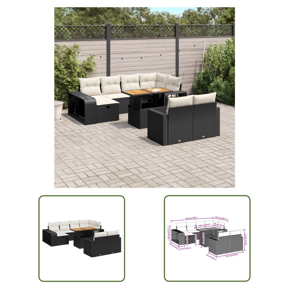The Living Store 11-cz. zestaw wypoczynkowy do ogrodu - poduszki czarny rattan PE - Sofa Ogrodowa