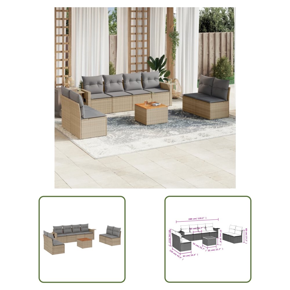 The Living Store 9-cz. zestaw mebli ogrodowych z poduszkami - mieszany beż - Sofa Ogrodowa