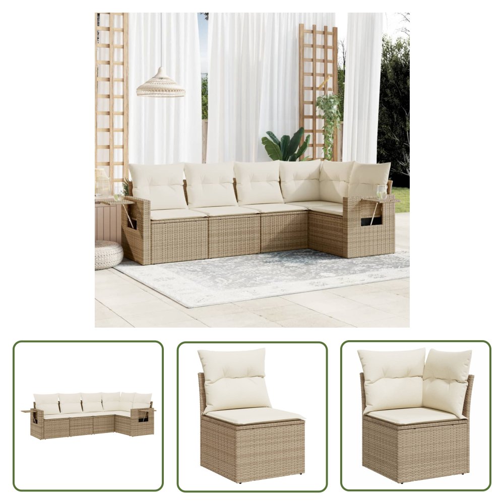 The Living Store 5-cz. zestaw mebli ogrodowych z poduszkami - beżowy - polirattan - Sofa Ogrodowa