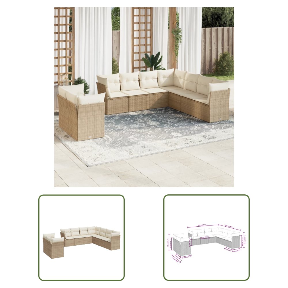The Living Store 9-cz. zestaw mebli ogrodowych z poduszkami - beżowy - polirattan - Sofa Ogrodowa