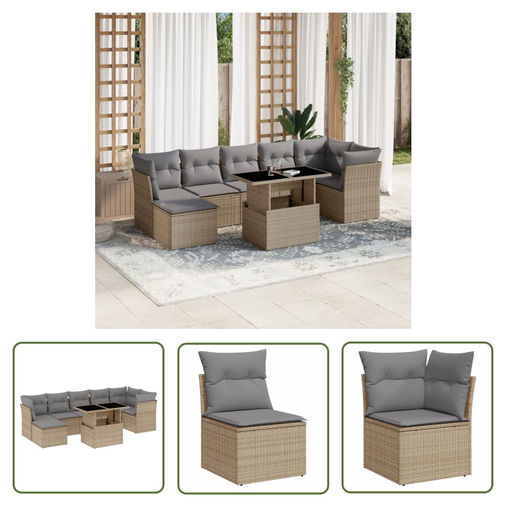 The Living Store 8-cz. zestaw mebli ogrodowych z poduszkami - beżowy - polirattan - Sofa Ogrodowa