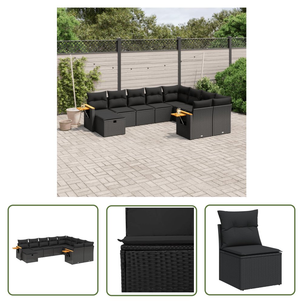 The Living Store 10-cz. zestaw wypoczynkowy do ogrodu - poduszki czarny rattan PE - Sofa Ogrodowa