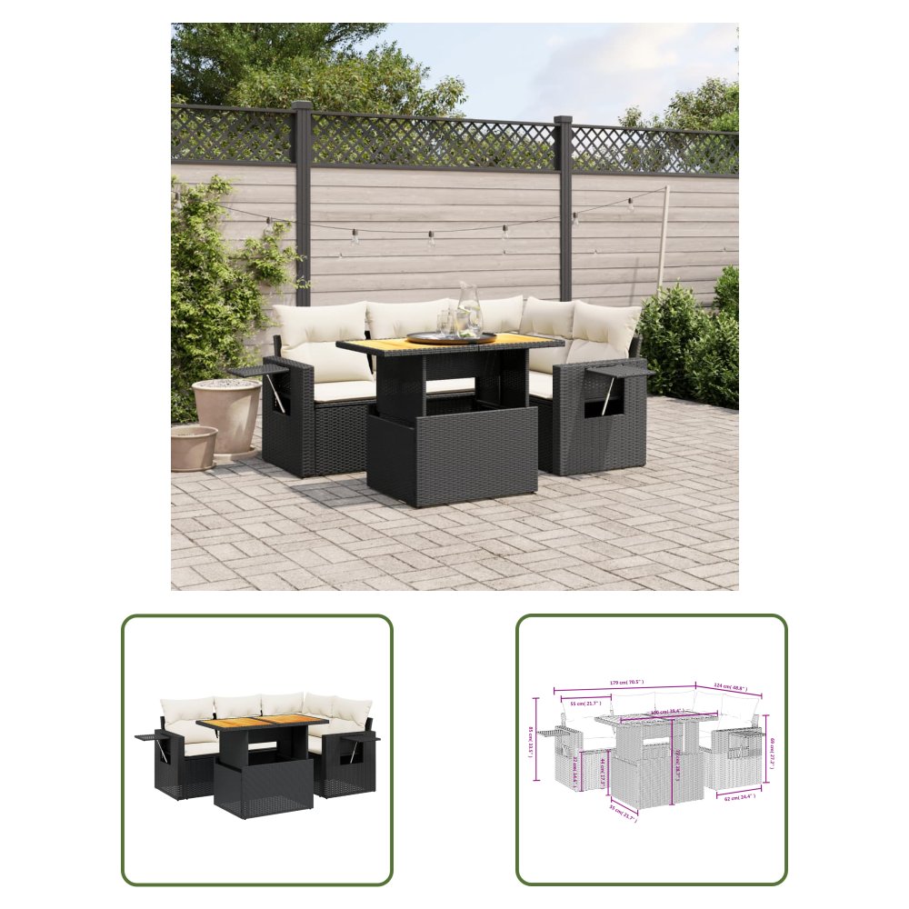 The Living Store 5-cz. zestaw wypoczynkowy do ogrodu - poduszki - czarny rattan PE - Sofa Ogrodowa