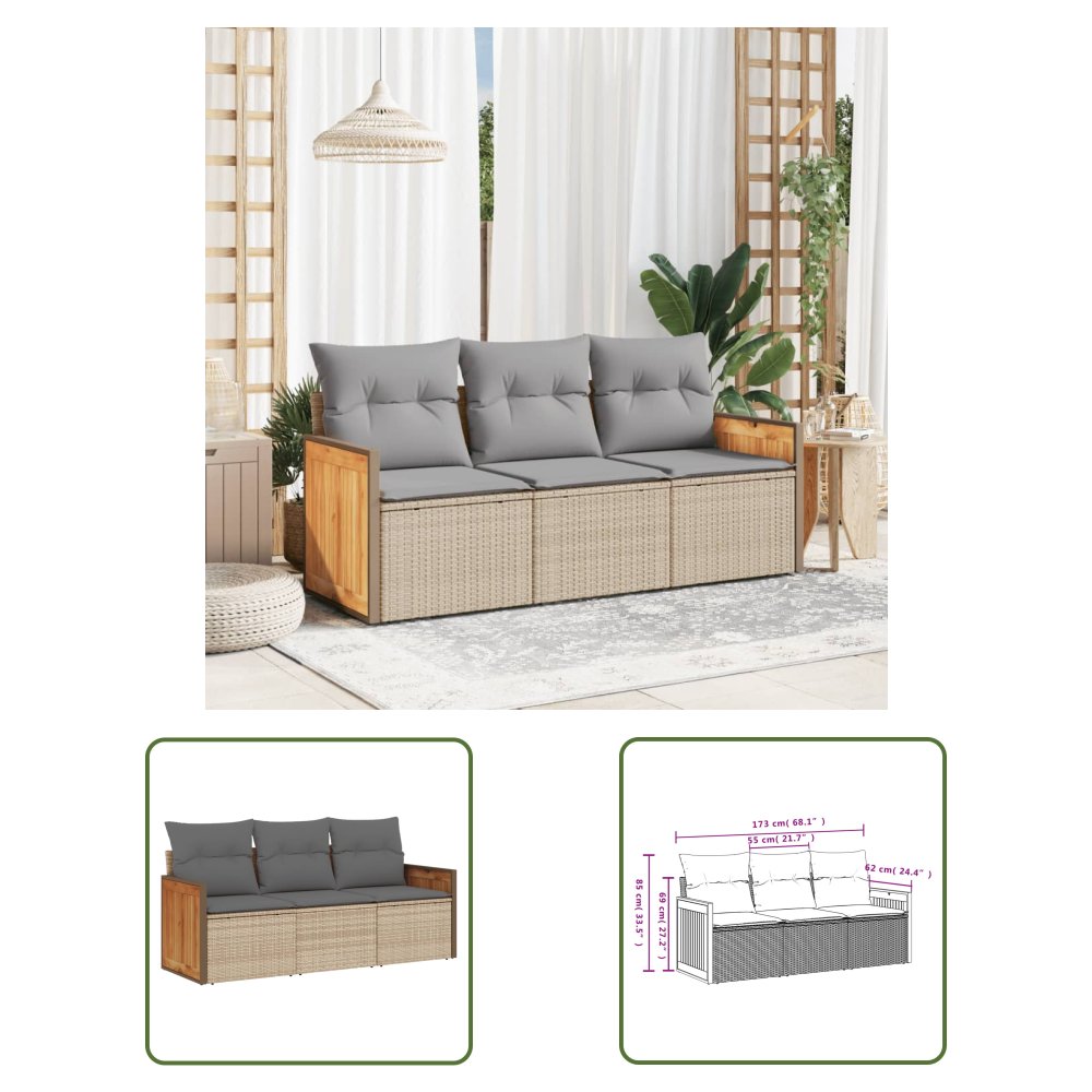 The Living Store 3-cz. zestaw mebli ogrodowych z poduszkami - beżowy - polirattan - Sofa Ogrodowa