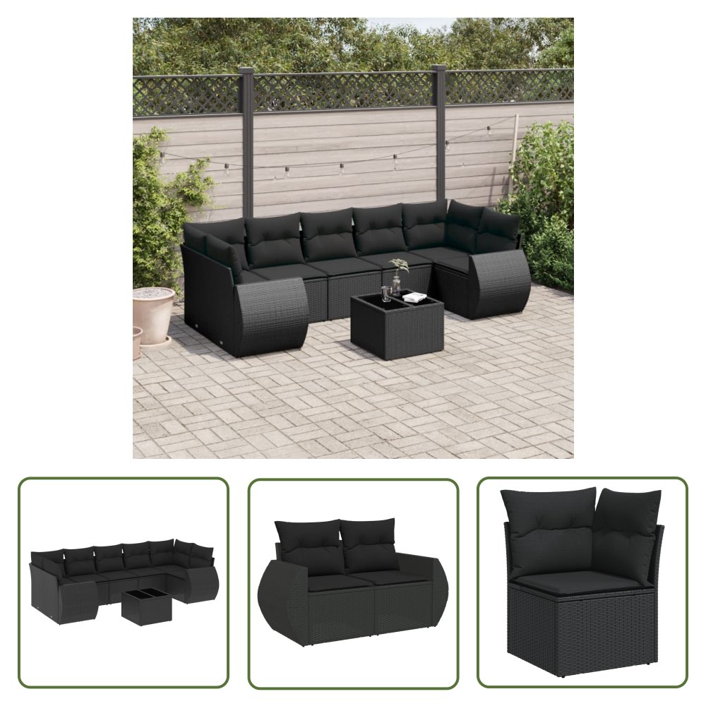 The Living Store 8-cz. zestaw wypoczynkowy do ogrodu - z poduszkami - czarny - Sofa Ogrodowa