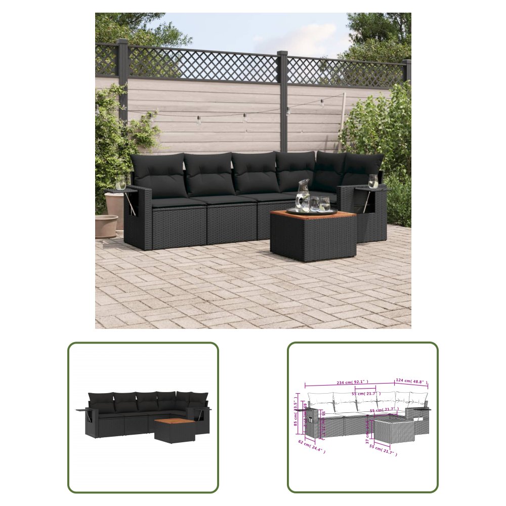 The Living Store 6-cz. zestaw mebli ogrodowych z poduszkami - czarny polirattan - Sofa Ogrodowa