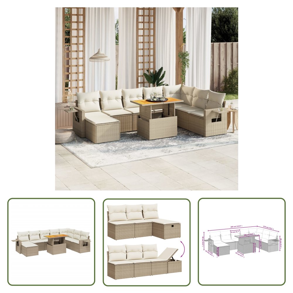 The Living Store 9-cz. zestaw mebli ogrodowych z poduszkami - beżowy - polirattan - Sofa Ogrodowa