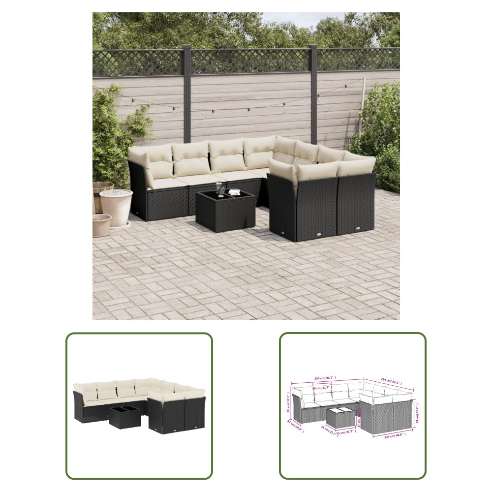 The Living Store 9-cz. zestaw wypoczynkowy do ogrodu - z poduszkami - czarny - Sofa Ogrodowa