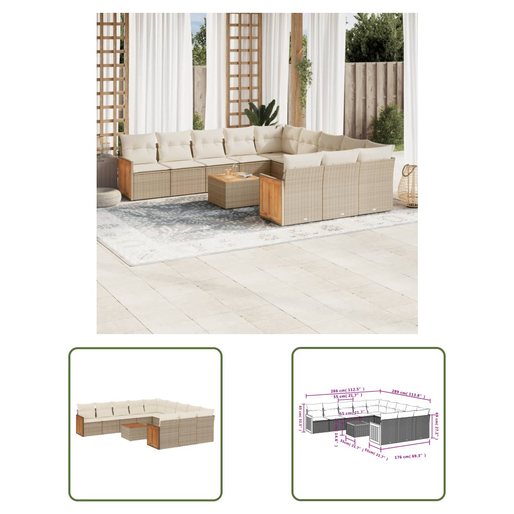 The Living Store 12-cz. zestaw mebli ogrodowych z poduszkami - beżowy - polirattan - Sofa Ogrodowa