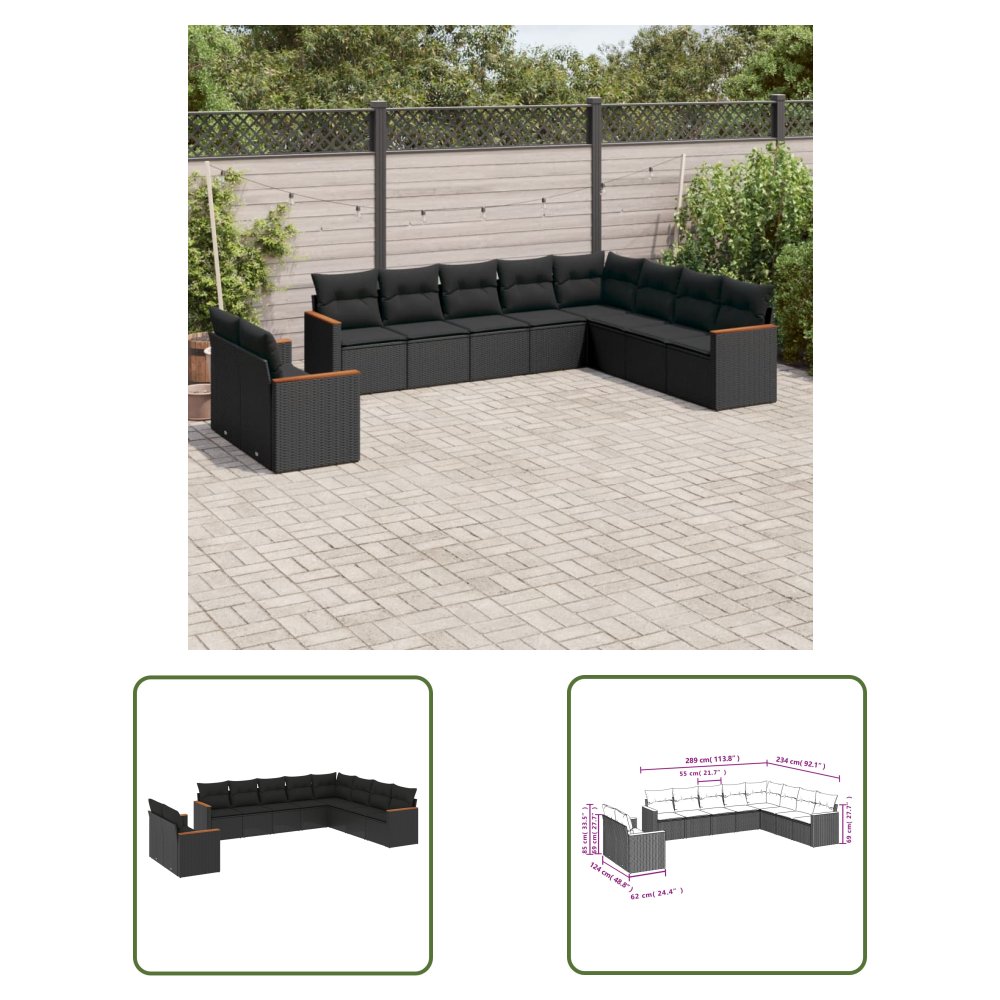 The Living Store 10-cz. zestaw wypoczynkowy do ogrodu - poduszki czarny rattan PE - Sofa Ogrodowa