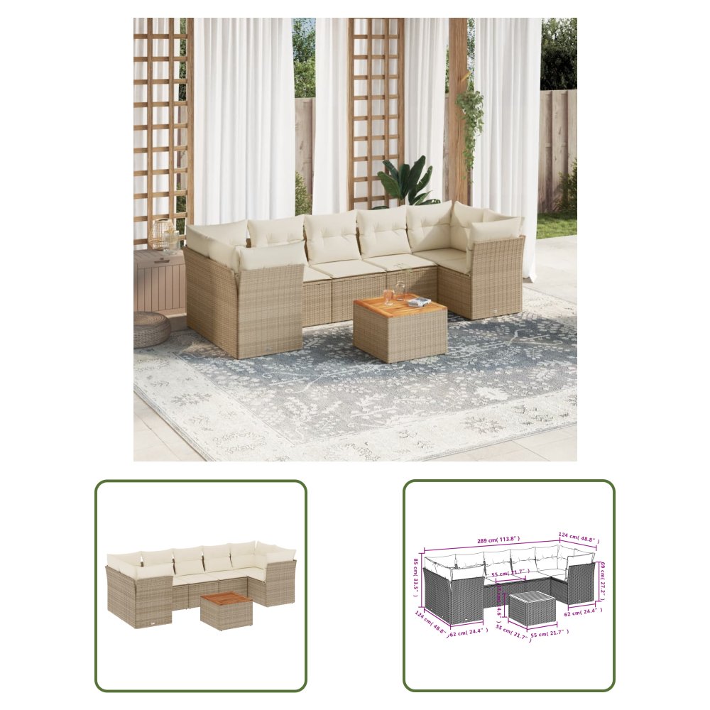 The Living Store 8-cz. zestaw mebli ogrodowych z poduszkami - beżowy - polirattan - Sofa Ogrodowa